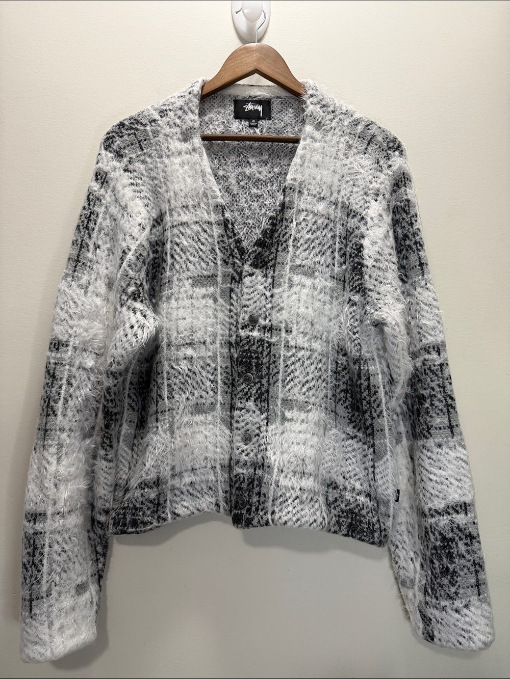Stussy Women's Black & White Fuzzy Plaid Cardigan Size Medium